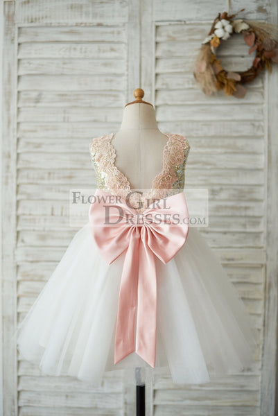 Gold Sequin Ivory Tulle V Back Wedding Flower Girl Dress Pink Lace Be Flower Girl Dresses