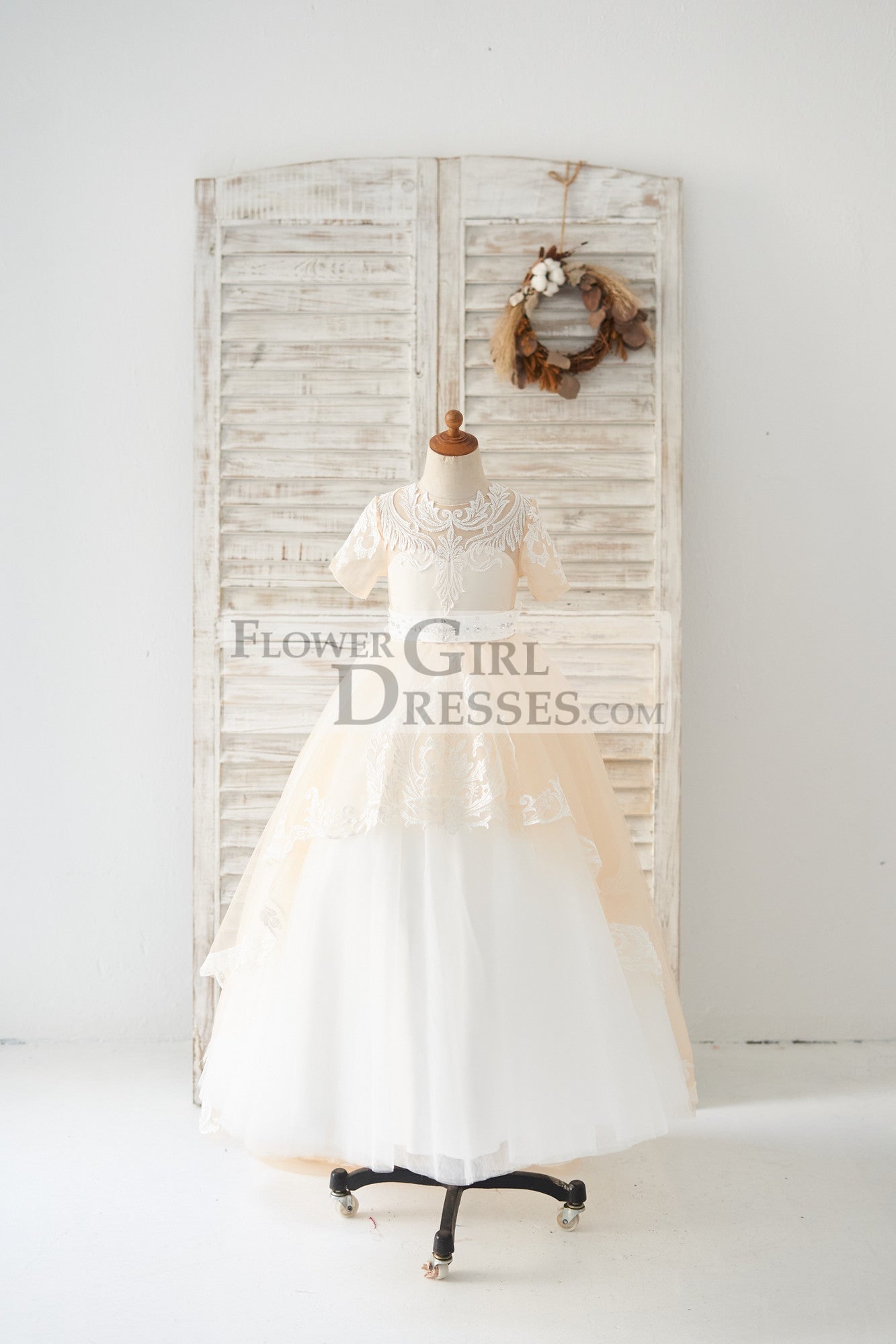 Cap Sleeves Champagne Lace Tulle Wedding Flower Girl Dress Kids Party -  Princessly