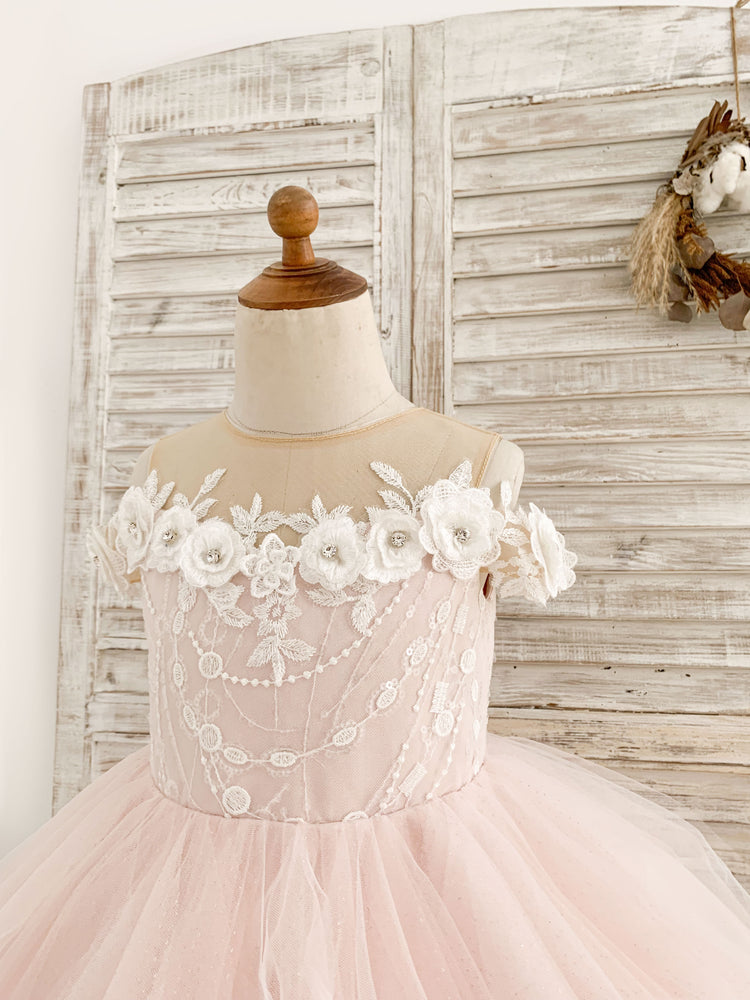 Illusion Off-Shoulder Pink Tulle Ruffle Ball Gown Wedding Party Flower Girl Dress