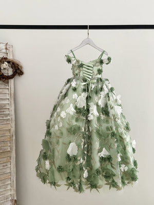 Off-Shoulder Green 3D Lace Flower Tulle Wedding Flower Girl Dress Kids Pageant Gown