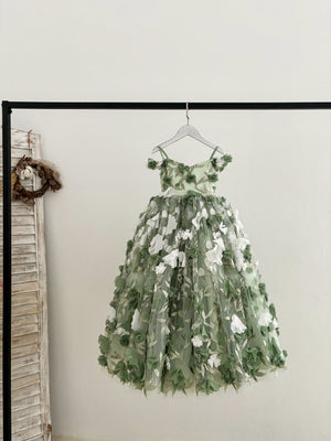 Off-Shoulder Green 3D Lace Flower Tulle Wedding Flower Girl Dress Kids Pageant Gown