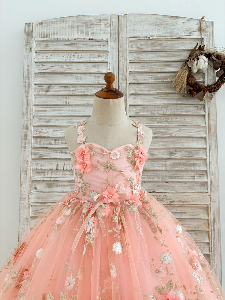 Pink 3D Flowers Sweetheart Ball Gown Wedding Party Flower Girl Dress