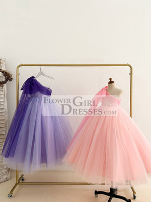 One Shoulder Draping Pink Tulle Wedding Flower Girl Dress Birthday Party