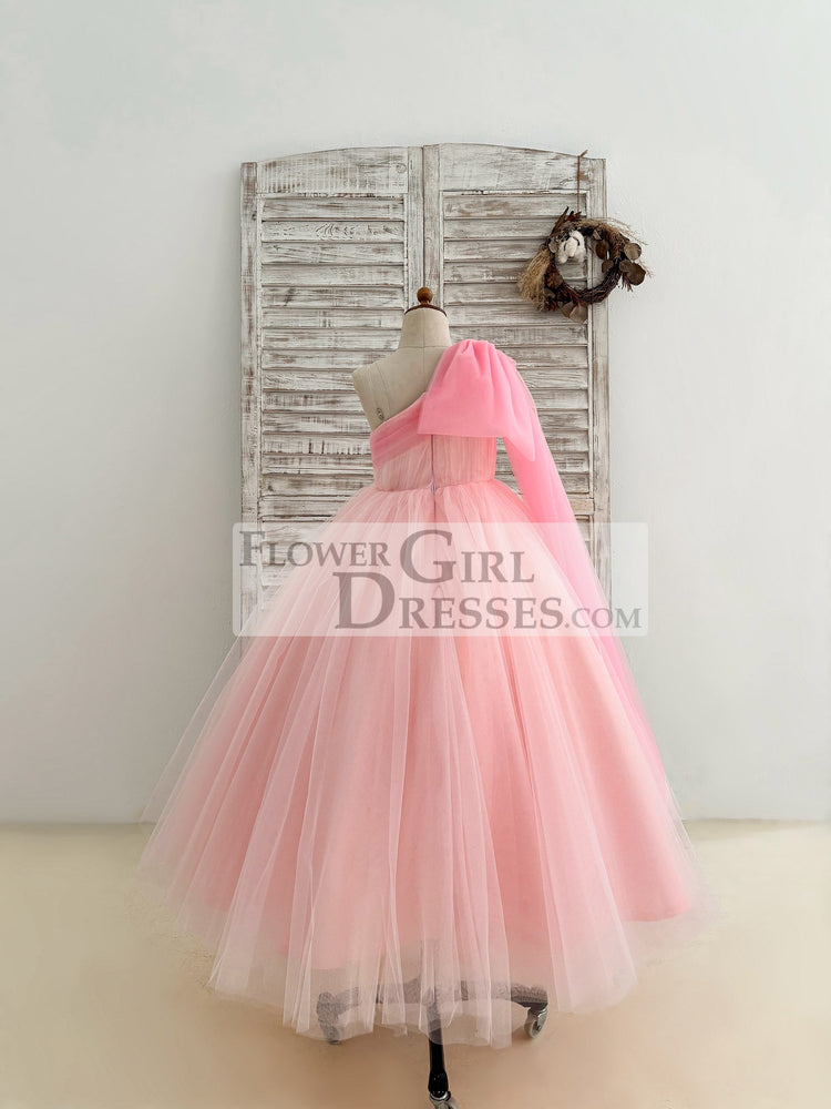 One Shoulder Draping Pink Tulle Wedding Flower Girl Dress Birthday Party