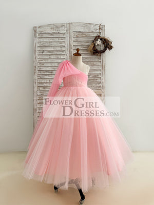 One Shoulder Draping Pink Tulle Wedding Flower Girl Dress Birthday Party