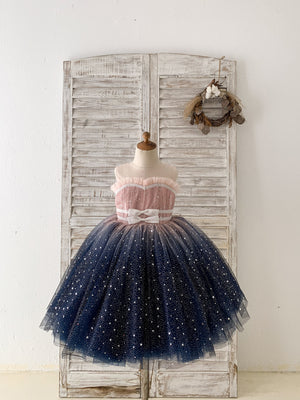 Ombre Pink / Navy Stars Tulle Wedding Flower Girl Dress Kids Party Dress