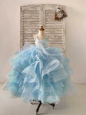 Beaded Butterfly Light Blue Straps Ruffle Tulle Horsehair Wedding Flower Girl Dress