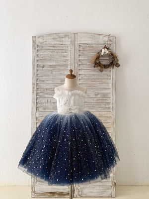 Ombre Pink / Navy Stars Tulle Wedding Flower Girl Dress Kids Party Dress