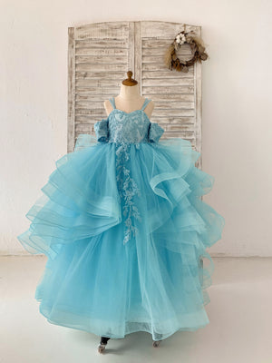 Teal Lace Tulle Off Shoulder Beaded Straps Horsehair Wedding Flower Girl Dress