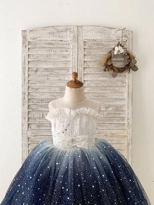 Ombre Pink / Navy Stars Tulle Wedding Flower Girl Dress Kids Party Dress