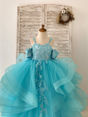 Teal Lace Tulle Off Shoulder Beaded Straps Horsehair Wedding Flower Girl Dress