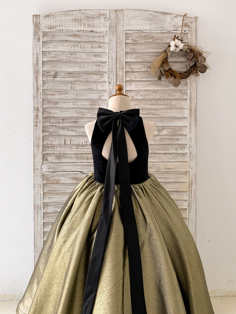 Black Velvet Gold Jacquard Keyhole Back Wedding Party Flower Girl Dress