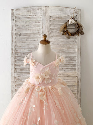 Peach 3D Lace Flower Tulle Off Shoulder Wedding Flower Girl Dress Kids Pageant Gown