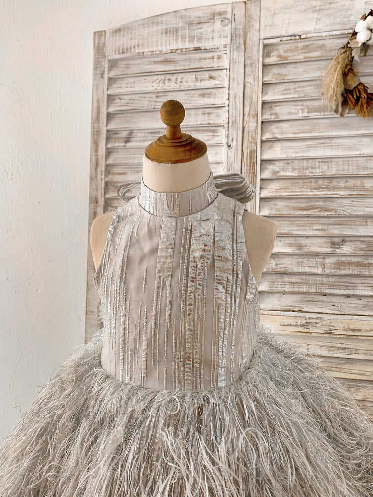 Pink / Silver Gray Jacquard Feather High Neck Wedding Party Flower Girl Dress