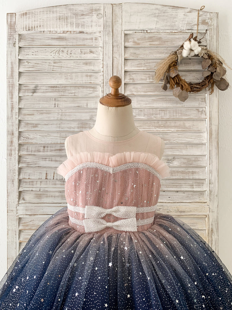 Ombre Pink / Navy Stars Tulle Wedding Flower Girl Dress Kids Party Dress