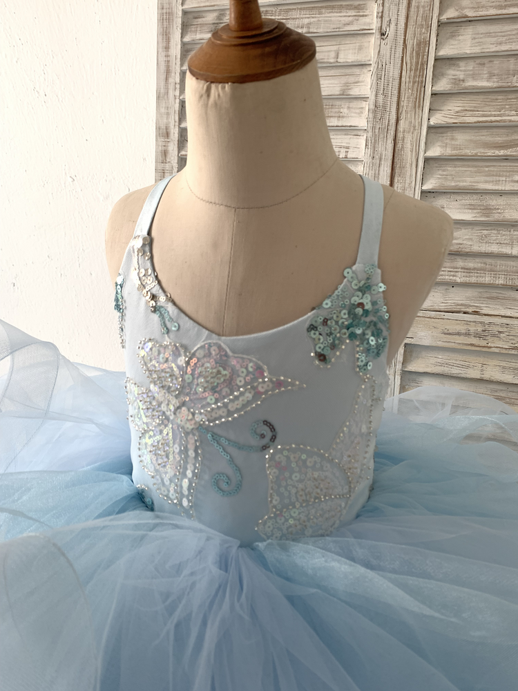 Beaded Butterfly Light Blue Straps Ruffle Tulle Horsehair Wedding Flower Girl Dress