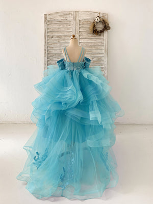 Teal Lace Tulle Off Shoulder Beaded Straps Horsehair Wedding Flower Girl Dress