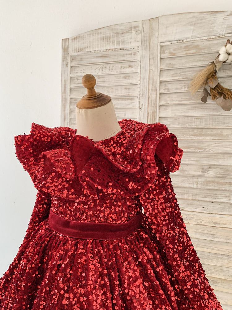 Long Sleeves Burgundy Sequin Ruffles Neck Wedding Flower Girl Dress Kids Party