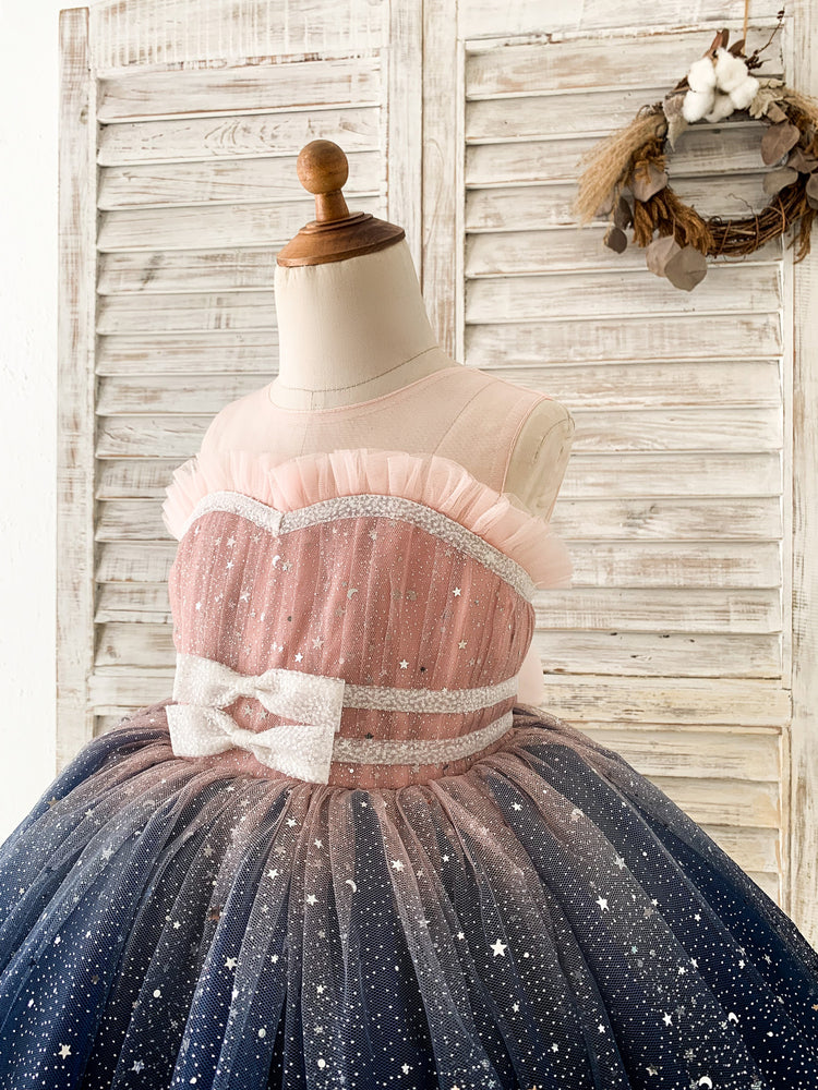 Ombre Pink / Navy Stars Tulle Wedding Flower Girl Dress Kids Party Dress