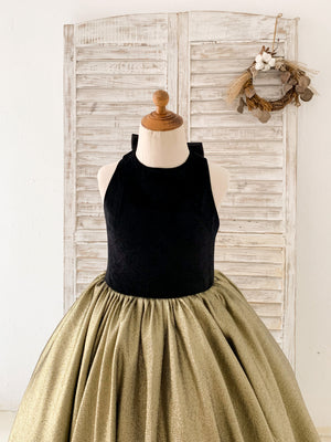 Black Velvet Gold Jacquard Keyhole Back Wedding Party Flower Girl Dress