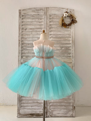 Sheer Neck Pink+Teal Tulle Ruffles Wedding Flower Girl Dress Kids Occasion Dress