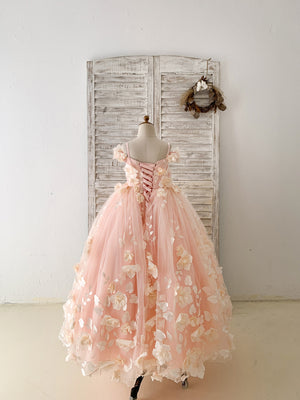 Peach 3D Lace Flower Tulle Off Shoulder Wedding Flower Girl Dress Kids Pageant Gown