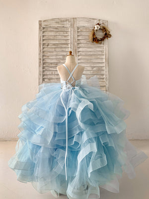 Beaded Butterfly Light Blue Straps Ruffle Tulle Horsehair Wedding Flower Girl Dress