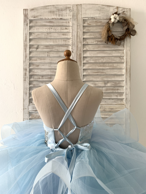 Beaded Butterfly Light Blue Straps Ruffle Tulle Horsehair Wedding Flower Girl Dress