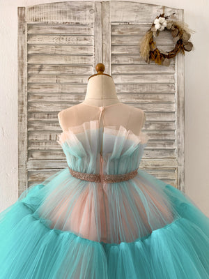 Sheer Neck Pink+Teal Tulle Ruffles Wedding Flower Girl Dress Kids Occasion Dress