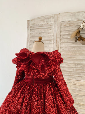 Long Sleeves Burgundy Sequin Ruffles Neck Wedding Flower Girl Dress Kids Party