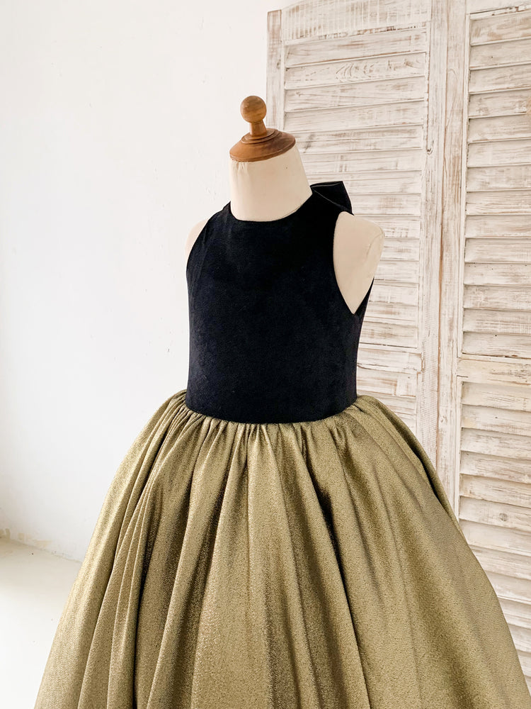 Black Velvet Gold Jacquard Keyhole Back Wedding Party Flower Girl Dress