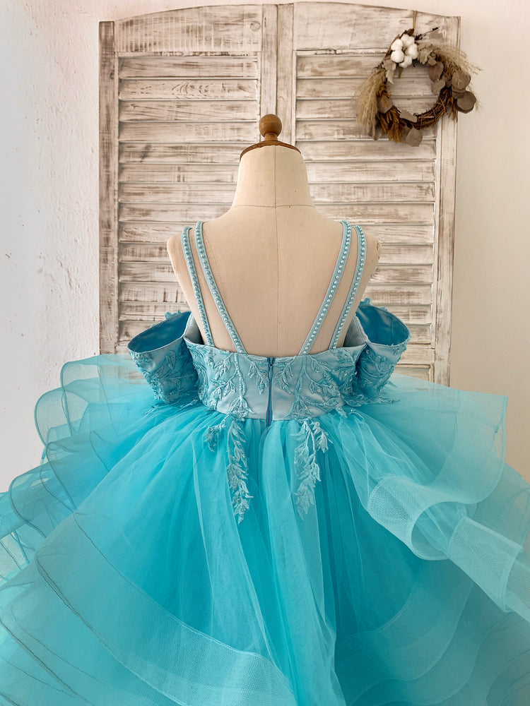 Teal Lace Tulle Off Shoulder Beaded Straps Horsehair Wedding Flower Gi Flower Girl Dresses