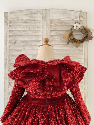 Long Sleeves Burgundy Sequin Ruffles Neck Wedding Flower Girl Dress Kids Party