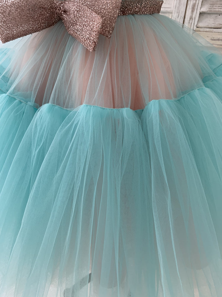 Sheer Neck Pink+Teal Tulle Ruffles Wedding Flower Girl Dress Kids Occasion Dress