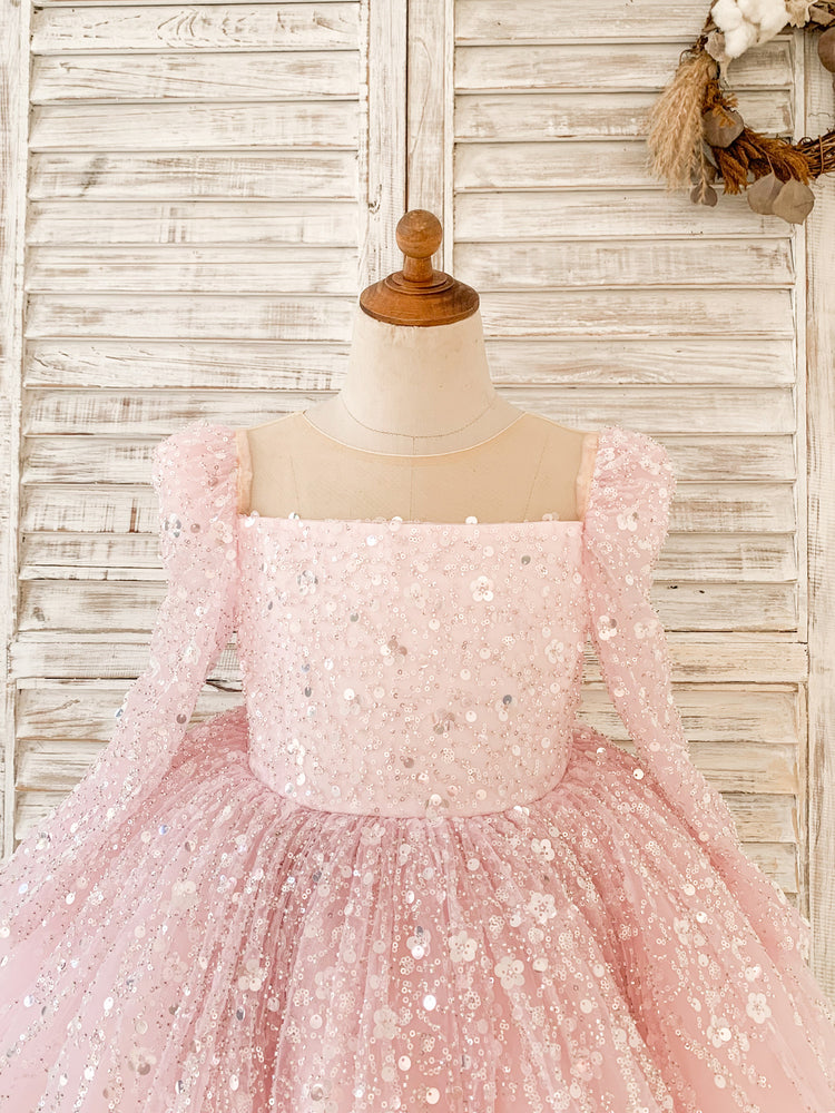 Long Sleeves Pink Crystal Beaded Wedding Flower Girl Dress Birthday Party