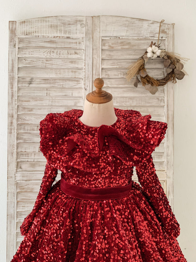 Long Sleeves Burgundy Sequin Ruffles Neck Wedding Flower Girl Dress Kids Party