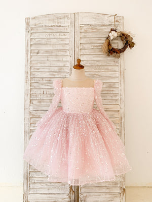 Long Sleeves Pink Crystal Beaded Wedding Flower Girl Dress Birthday Party