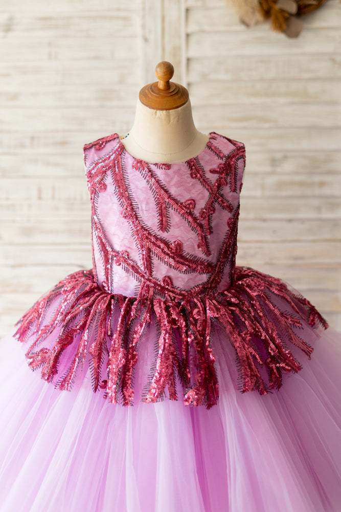 Fuchsia Sequin Tulle V Back Hi-Low Wedding Flower Girl Dress Kids Party Dress