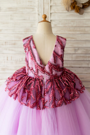 Fuchsia Sequin Tulle V Back Hi-Low Wedding Flower Girl Dress Kids Party Dress