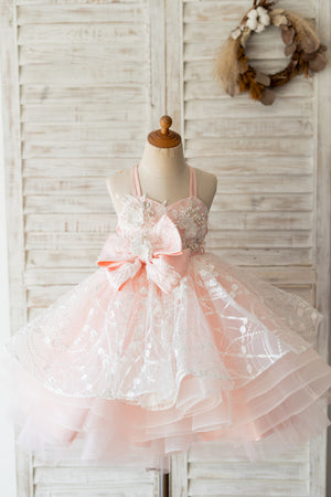 Pink Tulle Beaded Lace Straps Cross Back Wedding Flower Girl Dress Kids Formal Dress