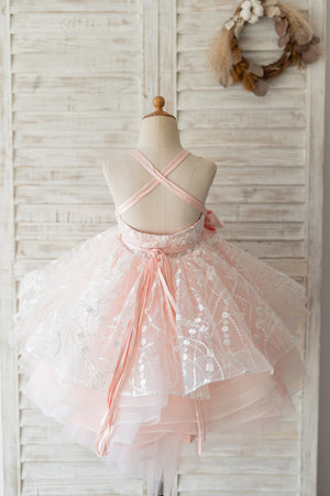 Pink Tulle Beaded Lace Straps Cross Back Wedding Flower Girl Dress Kids Formal Dress