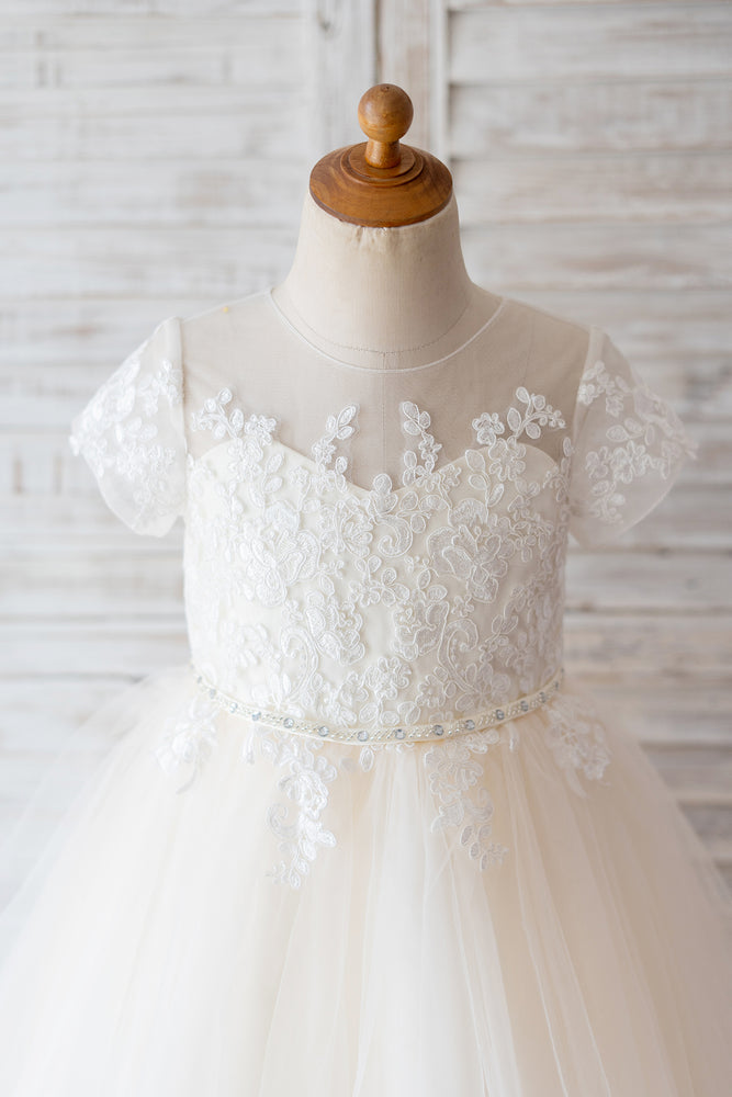 Princess Short Sleeves Ivory Lace Champagne Tulle Wedding Flower Girl Dress
