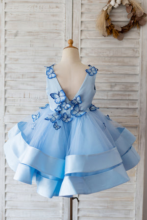 V Neck Blue Satin Butterfly Wedding Flower Girl Dress, Horsehair Hem