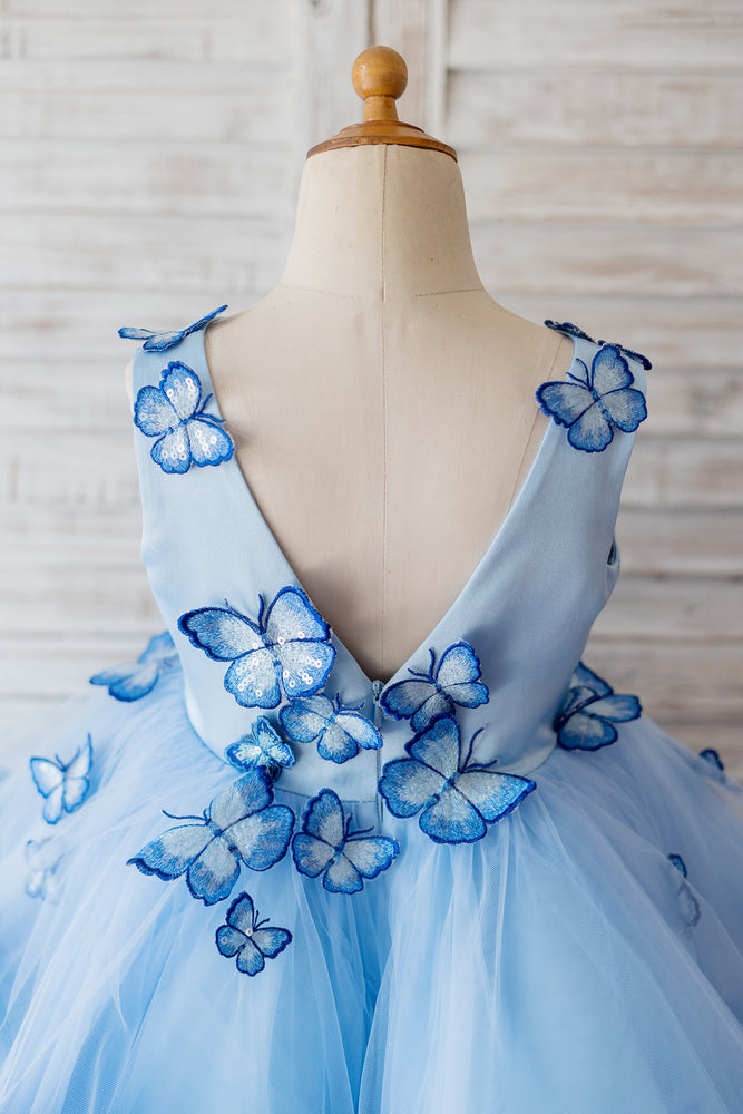 V Neck Blue Satin Butterfly Wedding Flower Girl Dress, Horsehair Hem