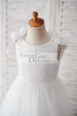 Backless Lace Tulle Wedding Flower Girl Dress with Pearls