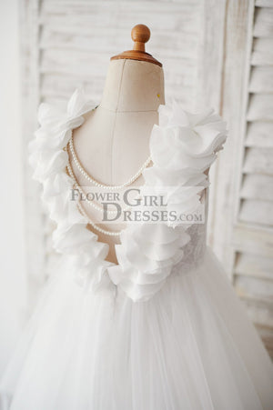 Backless Lace Tulle Wedding Flower Girl Dress with Pearls