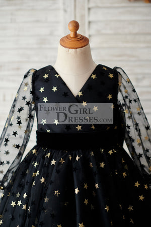 Black Gold Star Tulle V Back Long Sleeves Wedding Flower Girl Dress