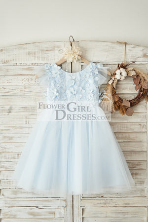 Blue Lace Tulle Cap Sleeves V Back Wedding Flower Girl Dress with Feathers