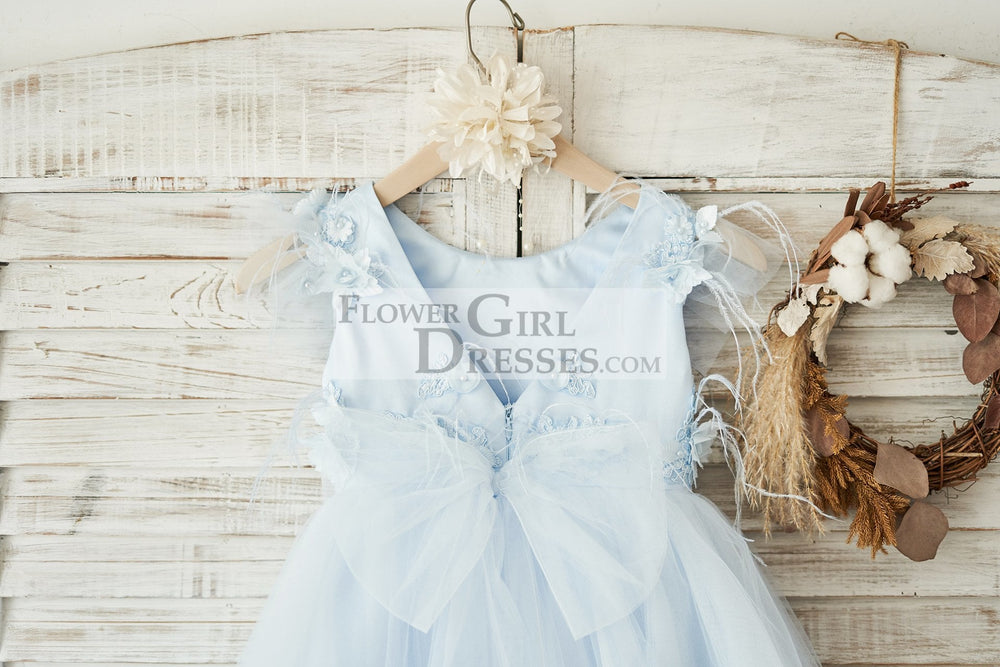 Blue Lace Tulle Cap Sleeves V Back Wedding Flower Girl Dress with Feathers