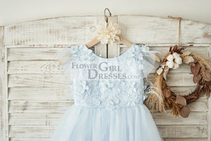 Blue Lace Tulle Cap Sleeves V Back Wedding Flower Girl Dress with Feathers